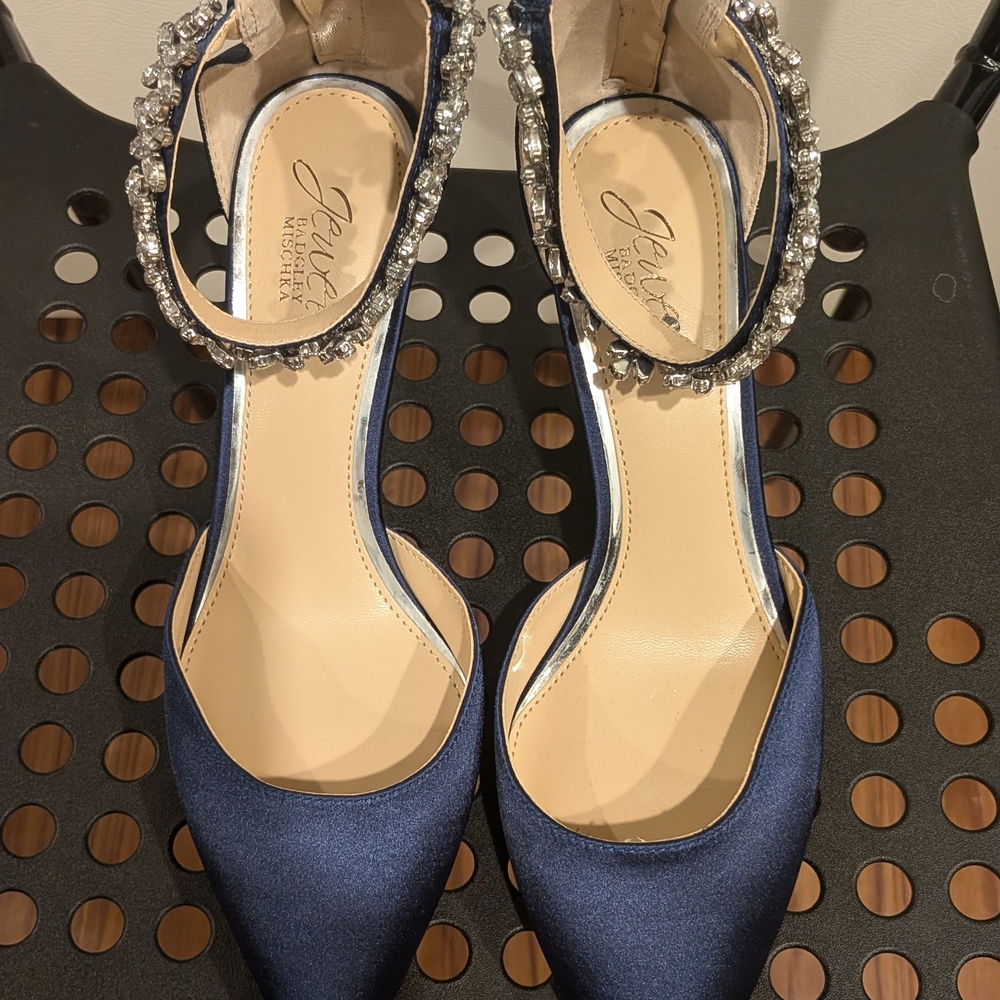 Badgley Mischka Navy Satin Pointed Toe Crystal-Ankle Straps